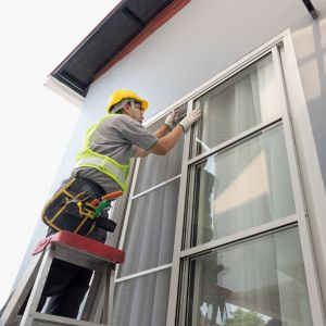 Winnipeg construction worker installing a window on a residential home.